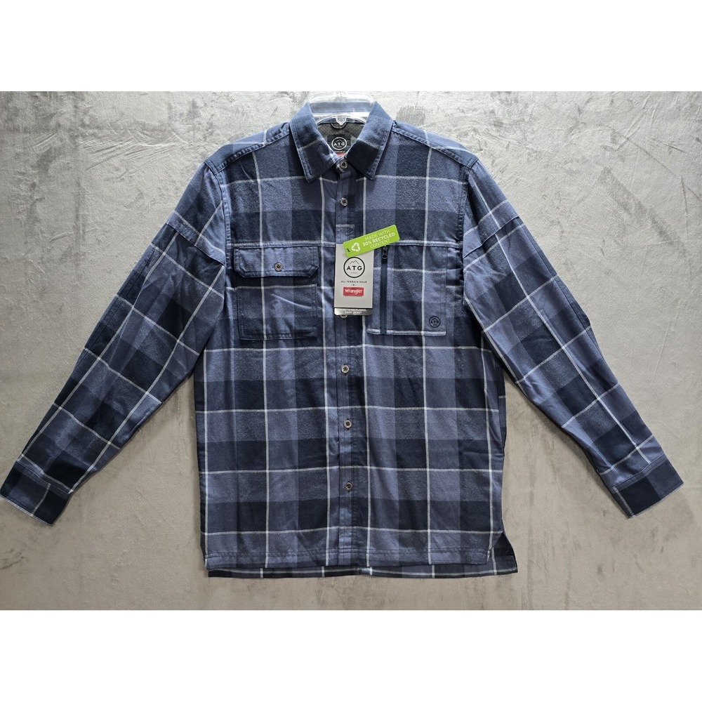 Wrangler Mens Small Blue All Terrain Gear Flannel Plaid Shirt Shacket‎ Western